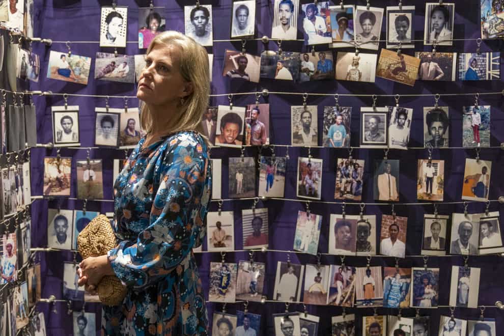 The Countess of Wessex views photographs of victims of the Rwandan genocide (Jane Barlow/PA)