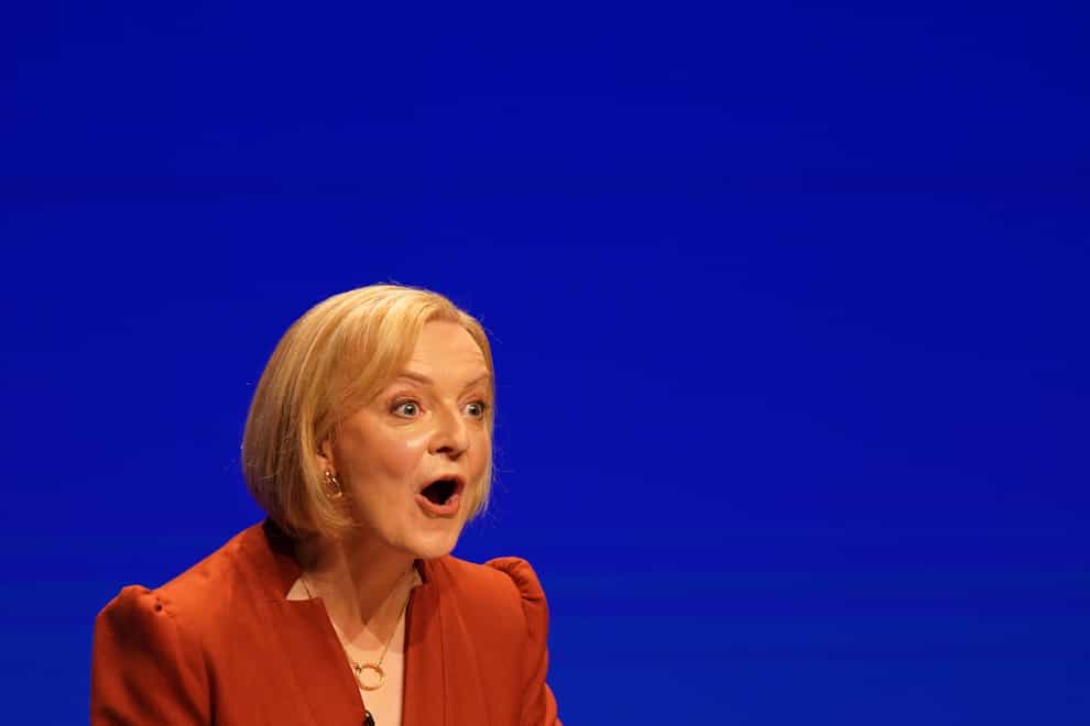 Prime Minister Liz Truss delivers her keynote speech at the Conservative Party annual conference (Jacob King/PA)