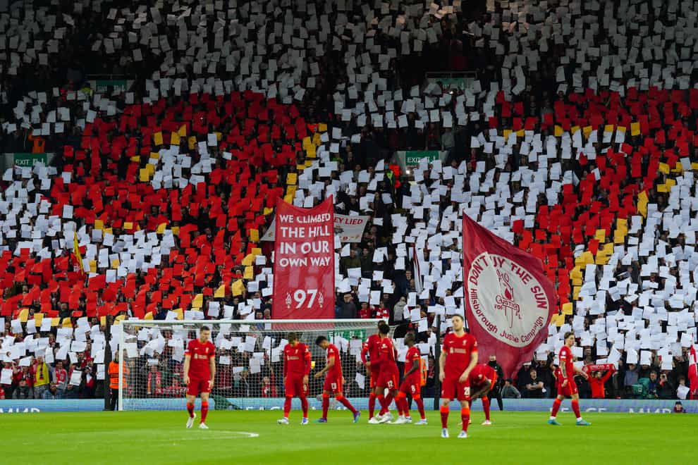 A tribute to the victims of the Hillsborough disaster at Anfield on the 33rd anniversary of the disaster (Peter Byrne/PA)