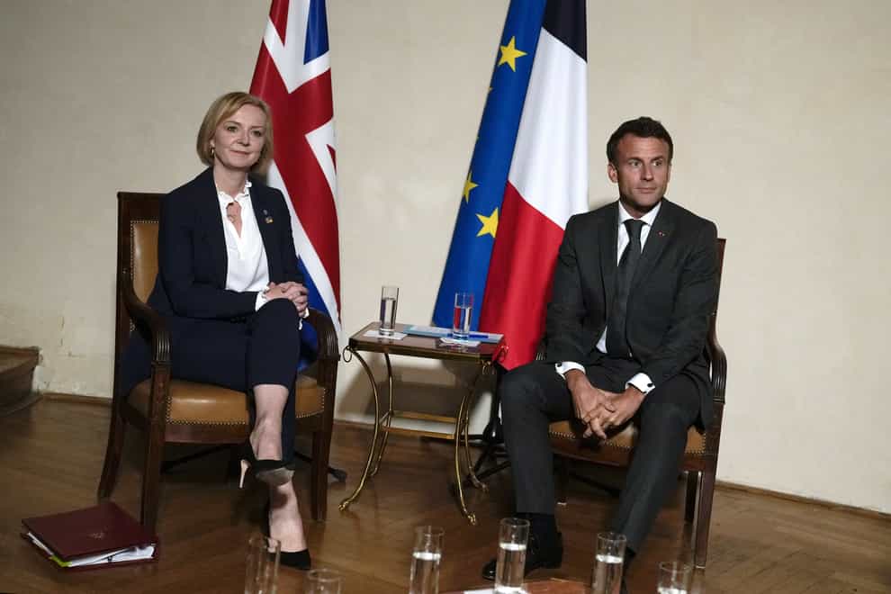 Prime Minister Liz Truss, talks with France’s President Emmanuel Macron during a bilateral meeting at the European Political Community (EPC) summit (Alistair Grant/PA)