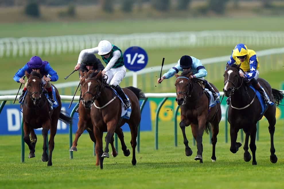 Midnight Mile ridden by Oisin Orr (second left) on their way to winning the Godolphin Lifetime Care Oh So Sharp Stakes during Dubai Future Champions Festival Friday at Newmarket Racecourse. Picture date: Friday October 7, 2022.