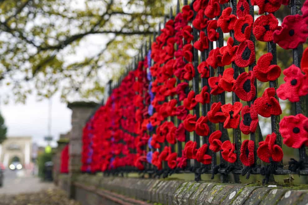 Fabric poppies placed on railings (Steve Parsons/PA)