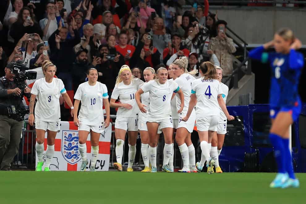 Georgia Stanway (centre) celebrates scoring England’s second goal against the USA (Bradley Collyer/PA)