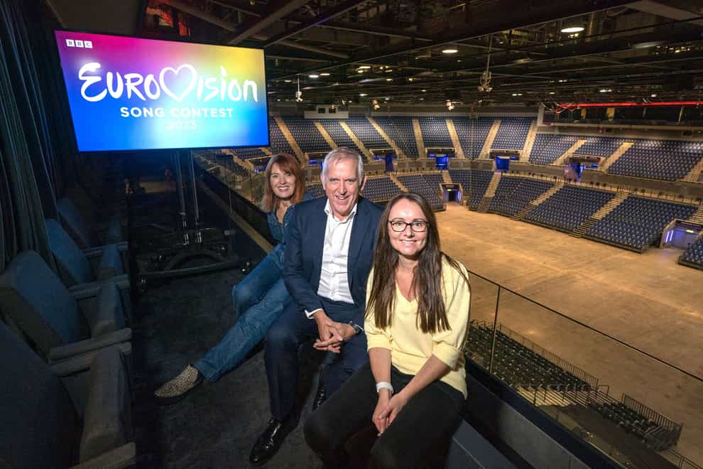 (left to right) McColgan, director of Culture Liverpool, Bill Addy, chief executive at the Liverpool Bid Company and Faye Dyer, managing director of the ACC Group, at Liverpool M&S Arena after the city was announced as host of 2023 Eurovision Song Contest (Peter Byrne/PA)