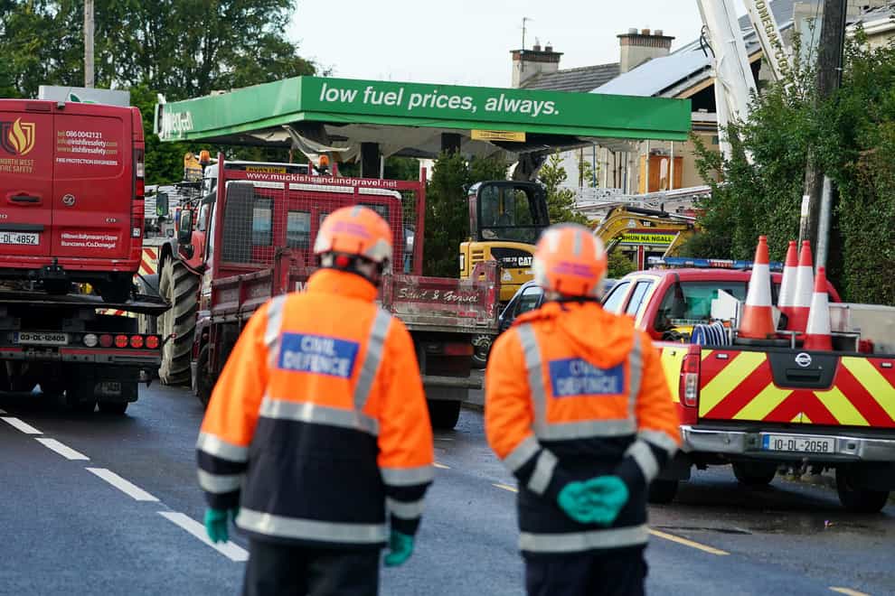 Emergency services continue their work at the scene of an explosion at an Applegreen service station in the village of Creeslough in Co Donegal, where ten people have now been confirmed dead. Picture date: Saturday October 8, 2022.