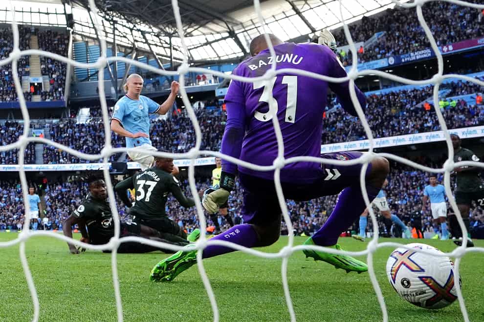 Manchester City’s Erling Haaland scores (Martin Rickett/PA)