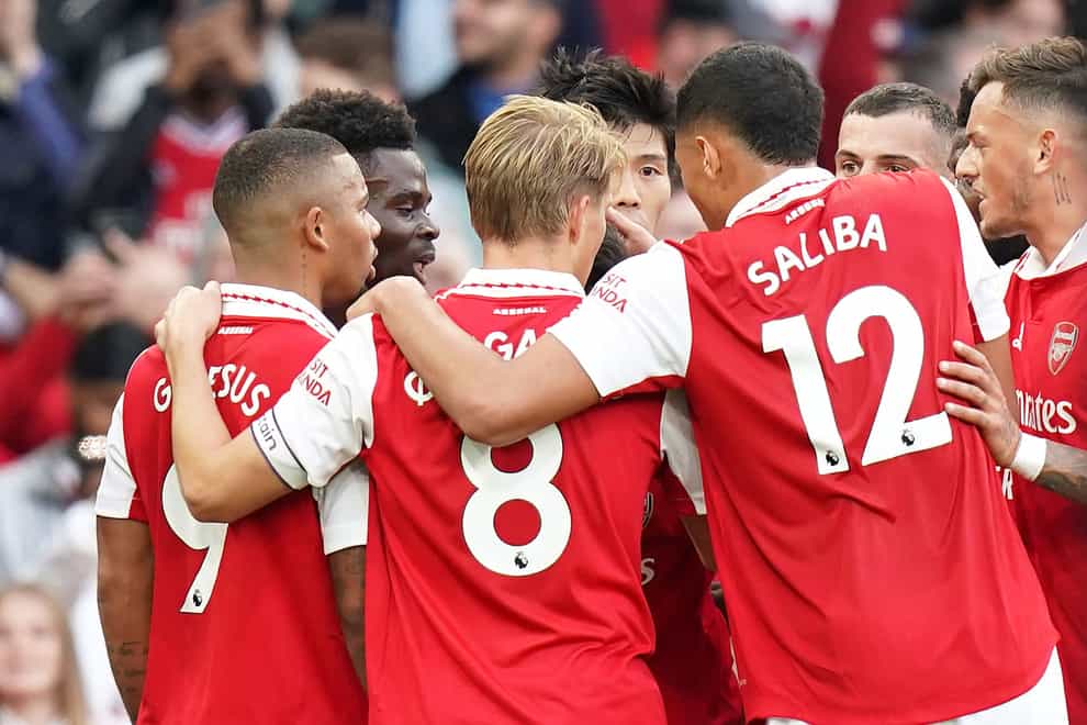 Arsenal’s Bukayo Saka (second left) celebrates after scoring against Liverpool (Adam Davy/PA)