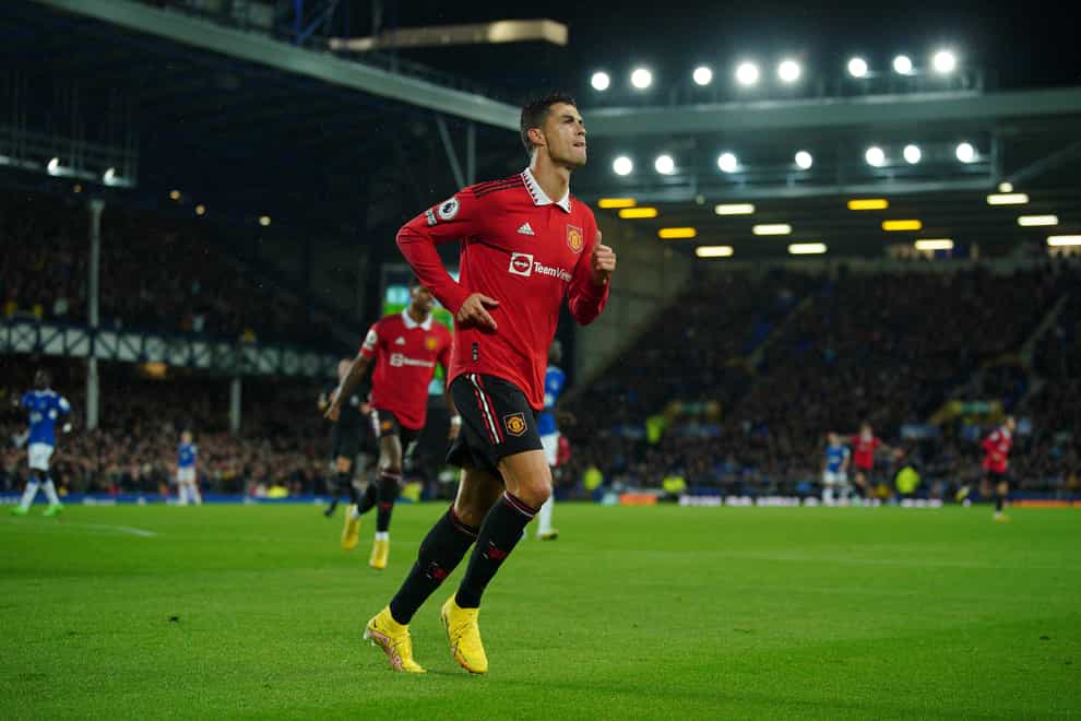 Manchester United’s Cristiano Ronaldo celebrates his winner against Everton (Peter Byrne/PA).