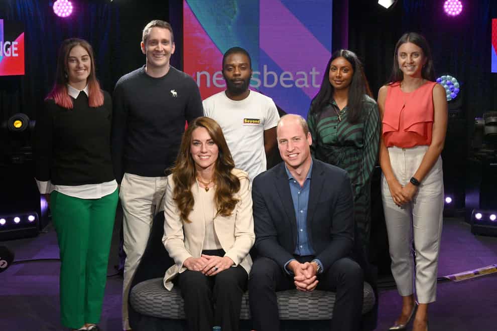 The Prince and Princess of Wales with Emma Hardwell, Ben Cowley, Antonio Ferreira, Dr Abigail Miranda and Pria Rai. They have recorded a special programme for BBC Radio One’s Newsbeat to mark World Mental Health Day (Jeff Overs/BBC/PA)