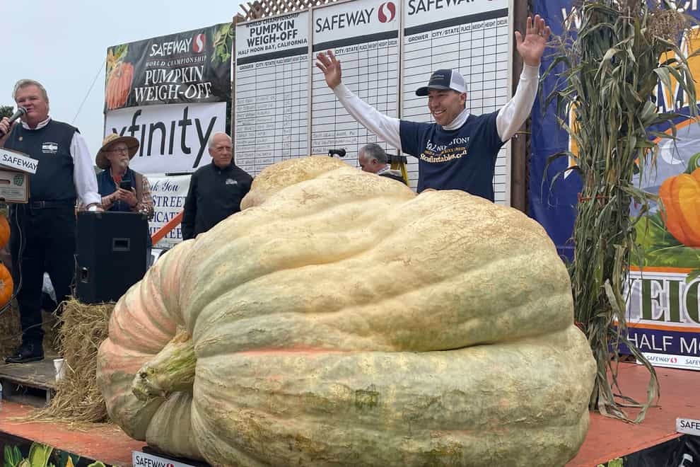 Travis Gienger from Anoka, Minnesota, stands behind his winning pumpkin at the 49th World Championship Pumpkin Weigh-Off in Half Moon Bay, California (Haven Daley/AP)