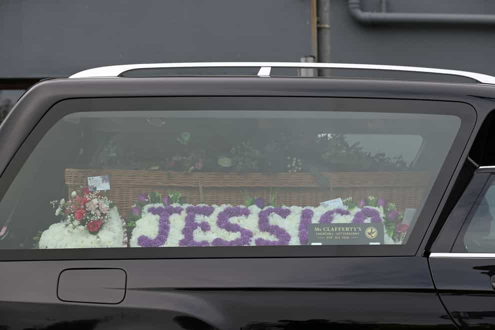 The hearse carrying Jessica Gallagher, 24, arrives at St Michael’s Church, Creeslough, for her funeral mass. Jessica died following an explosion at Applegreen service station in the village of Creeslough in Co Donegal on Friday. Picture date: Tuesday October 11, 2022.