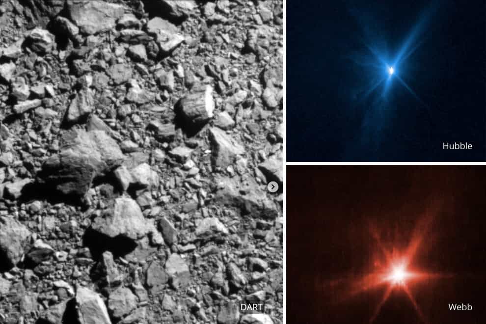 Three different views of the Dart spacecraft impact on the asteroid Dimorphos (Nasa/AP)