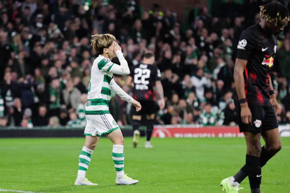 Kyogo Furuhashi reacts after one of Celtic’s missed chances (Steve Welsh/PA)