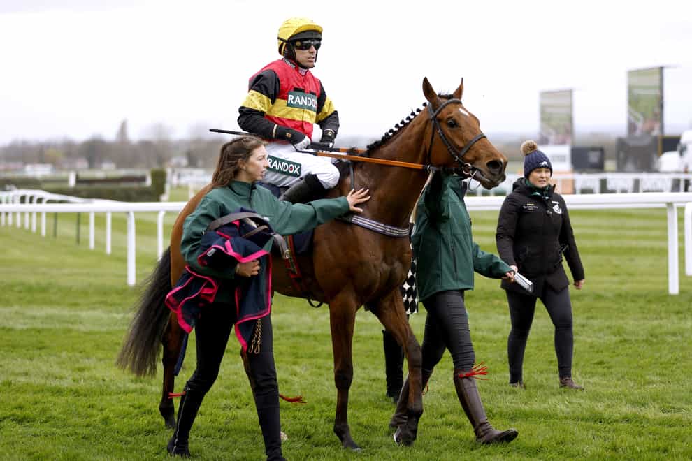 Jockey Paddy Brennan on Knight Salute after finishing in a dead heat, before a stewards enquiry later rules that Knight Salute is the winner of the Jewson Anniversary 4-y-o Juvenile Hurdle at Aintree Racecourse, Liverpool. Picture date: Thursday April 7, 2022.