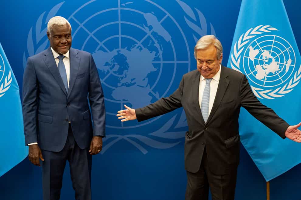 Chairperson of the African Union commission Moussa Faki Mahamat, left, meets United Nations secretary-general Antonio Guterres (Craig Ruttle, Pool/AP)