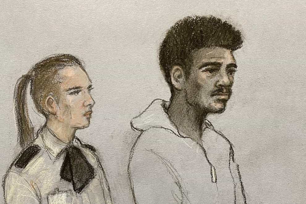 Court artist sketch by Elizabeth Cook of footballer Mason Greenwood appearing in the dock at Manchester Magistrates’ Court on charges of attempted rape, engaging in controlling and coercive behaviour, and assault. All three charges relate to the same woman. Picture date: Monday October 17, 2022.