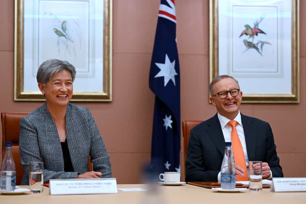 Penny Wong, left, and Australian PMAnthony Albanese have changed policy on Israel (Lukas Coch/Pool via AP)