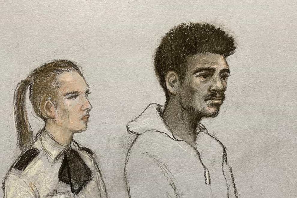 Court artist sketch by Elizabeth Cook of footballer Mason Greenwood, appearing in the dock at Manchester Magistrates’ Court on charges of attempted rape, engaging in controlling and coercive behaviour, and assault. All three charges relate to the same woman (PA)