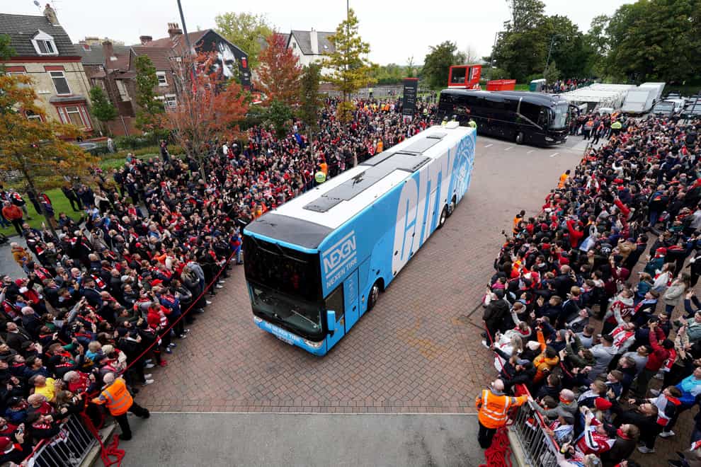 Merseyside Police have received a complaint of alleged criminal damage to the team bus after it left Anfield on Sunday (Peter Byrne/PA)