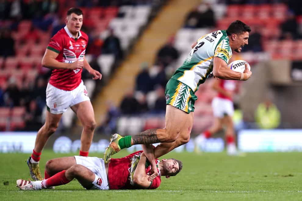 Anthony Gelling (right) scored the Cook Islands’ first try in their win over Wales (Martin Rickett/PA)