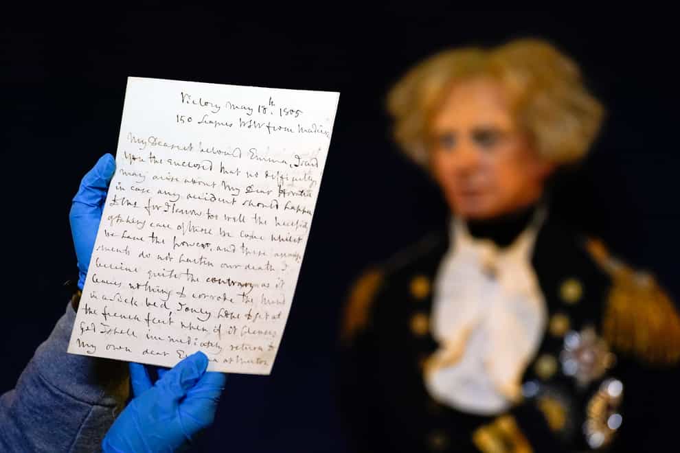 A letter written by Vice-Admiral Lord Nelson to Emma Hamilton from on board HMS Victory in May 1805, is on show at National Museum of the Royal Navy in Portsmouth ahead of Trafalgar Day (Andrew Matthews/PA)