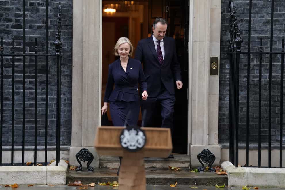 Prime Minister Liz Truss, with her husband Hugh O’Leary, arrives to make a statement outside 10 Downing Street, London, where she announced her resignation as Prime Minister. Picture date: Thursday October 20, 2022.