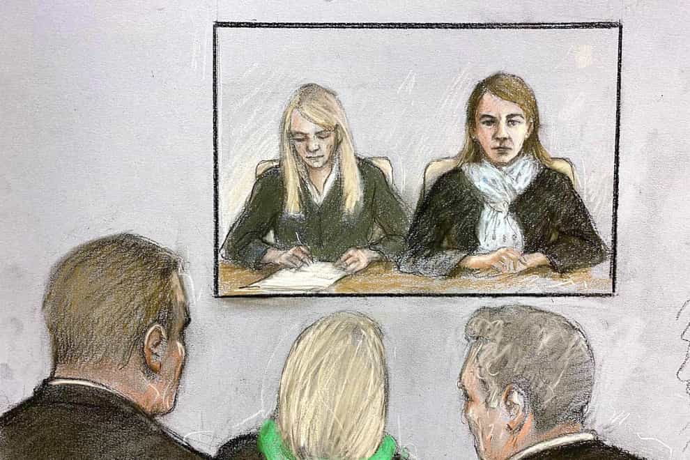 Court sketch of US citizen Anne Sacoolas, 45, (right in TV screen) (Elizabeth Cook/PA)