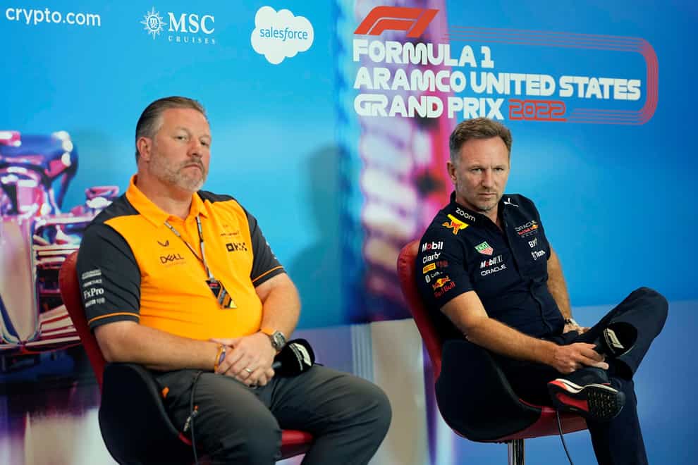 McLaren’s Zak Brown (left) and Red Bull’s Christian Horner during a press conference (Eric Gay/AP)