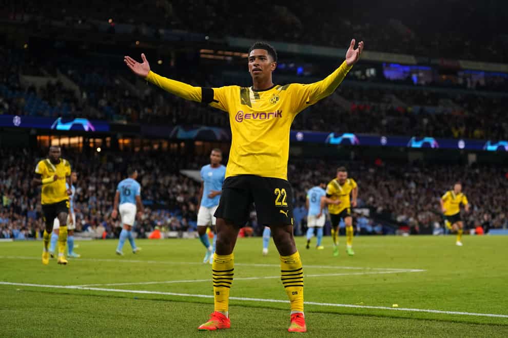 Pep Guardiola called Dortmund’s Jude Bellingha, who scored against Manchester City last month, the “whole package” (Tim Goode/PA)