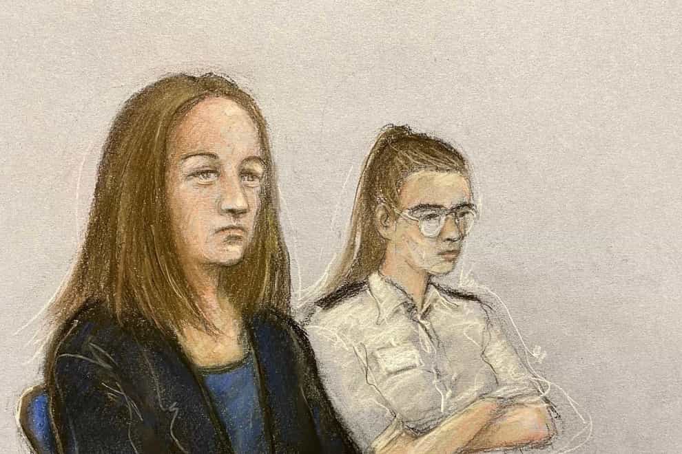 Court artist sketch by Elizabeth Cook of Lucy Letby appearing in the dock at Manchester Crown Court (PA)