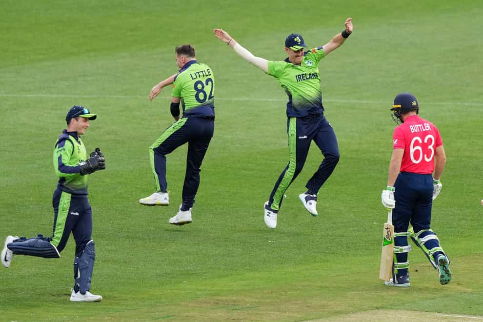 Ireland’s Joshua Little celebrates dismissing England captain Jos Buttler during Ireland’s T20 World Cup win at the MCG