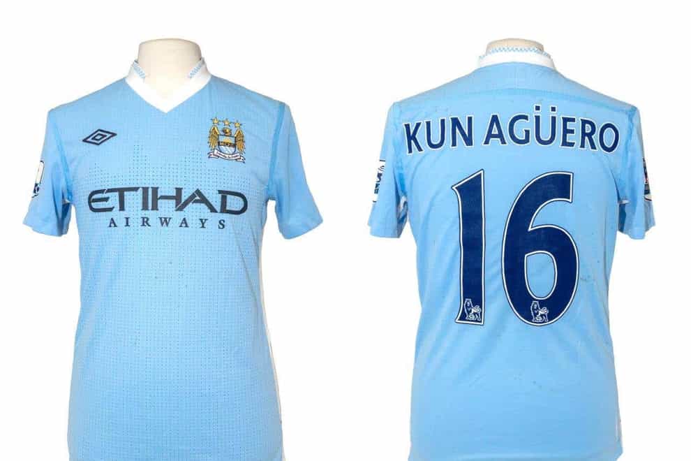 Sergio Aguero’s number 16 shirt, which he wore while scoring the 2011-12 Premier League title winning goal (Hansons/PA)