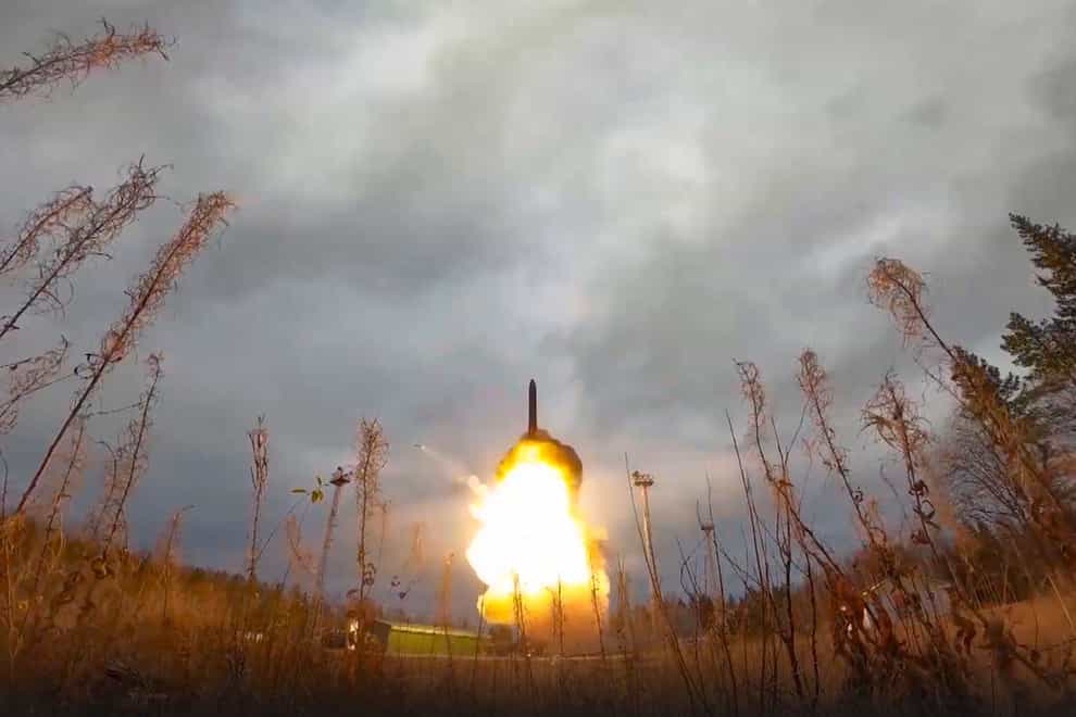 A Yars intercontinental ballistic missile is test-fired as part of Russia’s nuclear drills from a launch site in Plesetsk, north-western Russia (Russian Defence Ministry Press Service via AP)