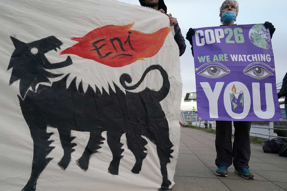 An enivonmental protest outside the Scottish Event Campus during the Cop26 summit in Glasgow (Andrew Milligan/PA)