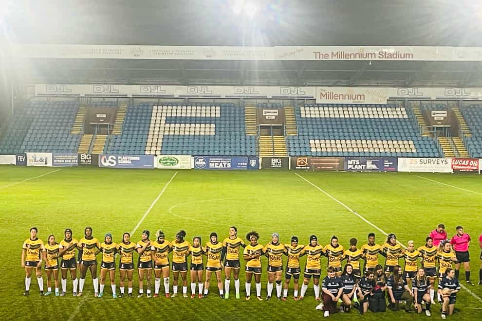 Brazil’s ‘Amazonas’ warmed up for the women’s Rugby League World Cup against France at Featherstone (PA)