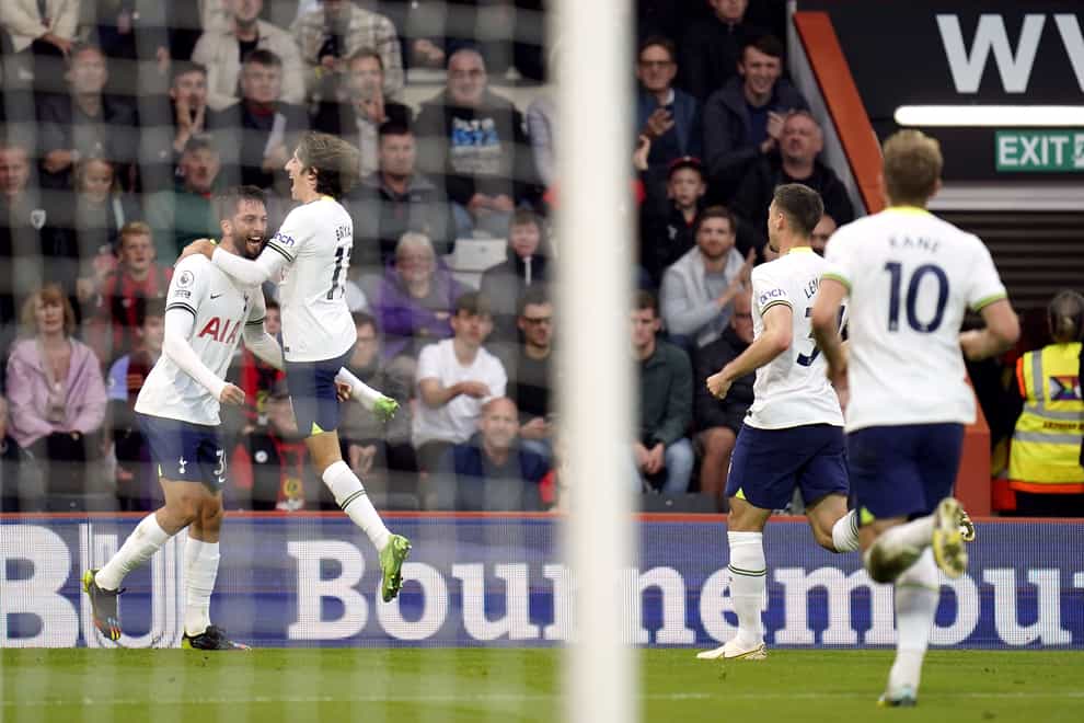 Rodrigo Bentancur celebrates scoring the winner for Tottenham at Bournemouth (Andrew Matthews/PA)