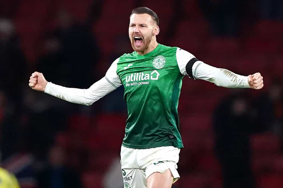 Hibernian’s Martin Boyle celebrates after the final whistle during the Premier Sports Cup semi-final match at Ibrox Stadium, Glasgow. Picture date: Sunday November 21, 2021.