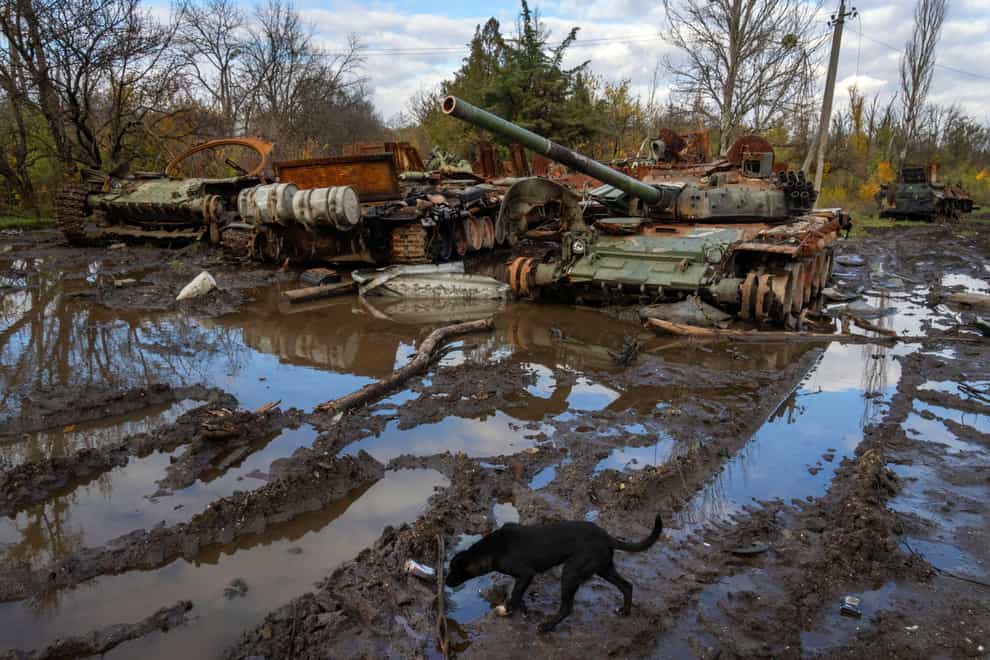 Russian tanks damaged in recent fighting are seen near the recently retaken village of Kamianka, Kharkiv region, Ukraine (Efrem Lukatsky/AP)