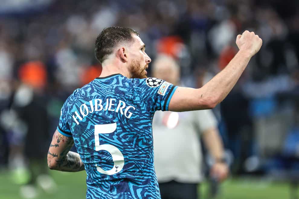 Tottenham’s Pierre-Emile Hojbjerg celebrates his Champions League winner in Marseille (PA)
