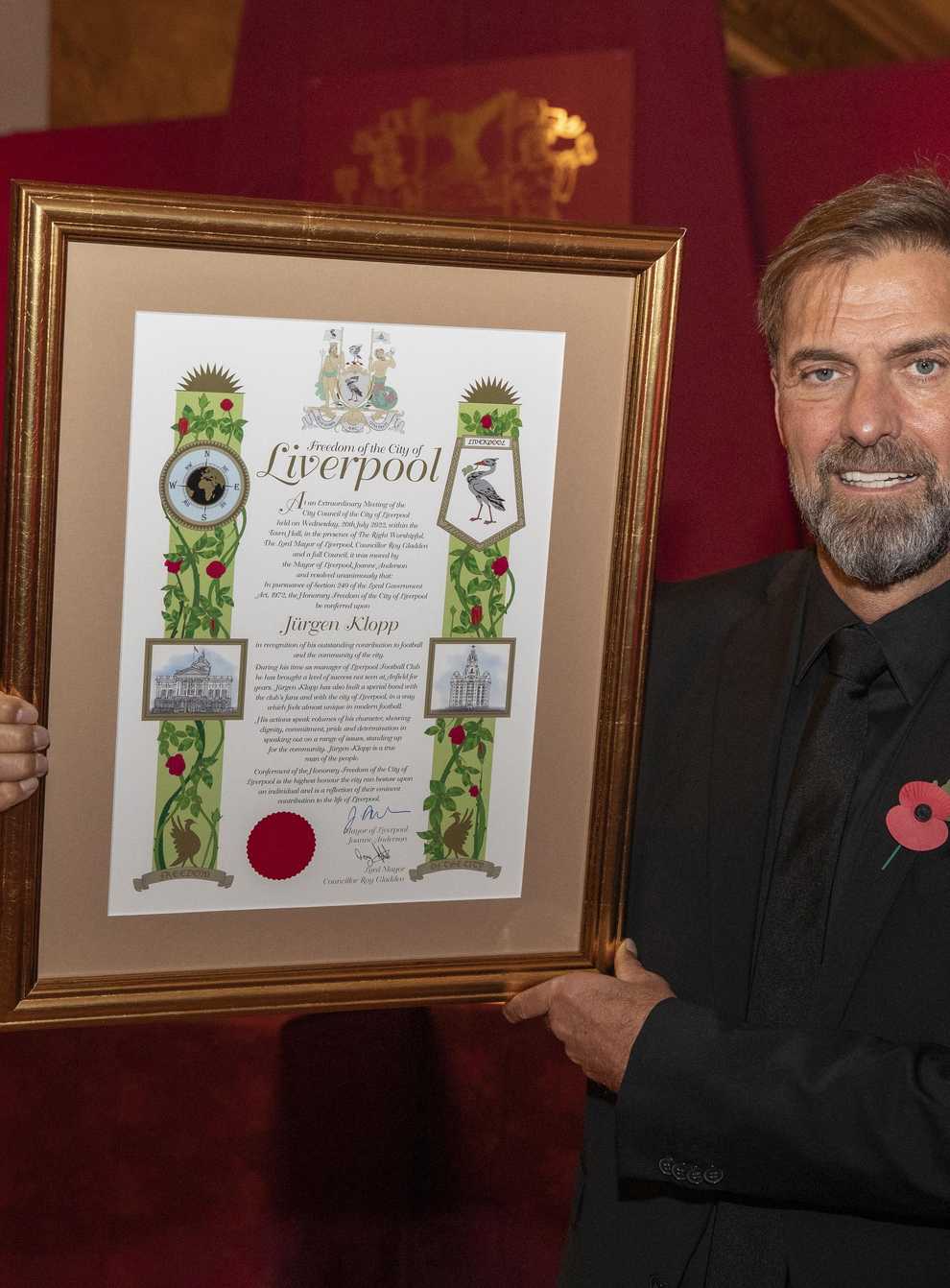 Liverpool manager Jurgen Klopp admits he was humbled to receive the Freedom of the City of Liverpool (Jason Roberts/PA)