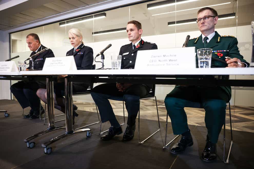 Emergency services chiefs, left to right, Chief Constable Stephen Watson, BTP Chief Constable Lucy D’Orsi, GMFRS Chief Fire Officer Dave Russell and NWAS Chief Executive Daren Mochrie (James Speakman/PA)