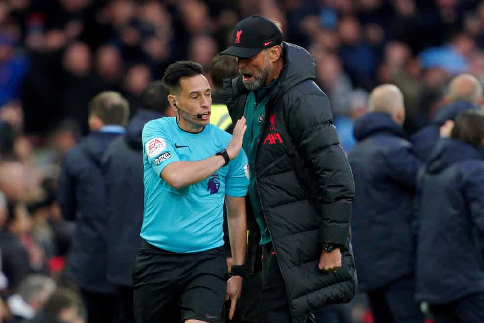 Jurgen Klopp was fined over his conduct towards the match officials against Manchester City (Peter Byrne/PA)