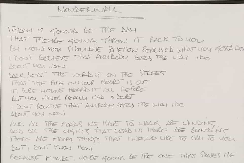 Wonderwall lyrics handwritten by Noel Gallagher (Propstore/PA)