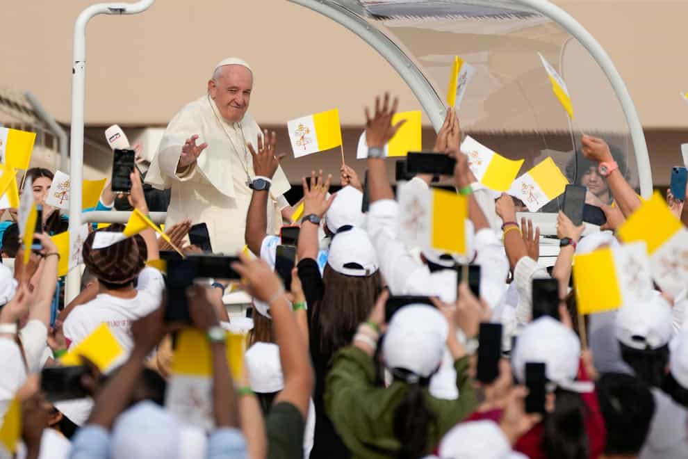 Pope Francis arrives to celebrate mass at the Bahrain National Stadium in Riffa, Bahrain on Saturday, November 5, 2022 (Alessandra Tarantino/AP/PA)