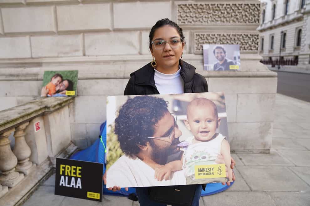 Sanaa Seif, the sister of writer Alaa Abd el-Fattah, a British-Egyptian activist imprisoned in Egypt, on a hunger strike outside the Foreign Office in October (PA)