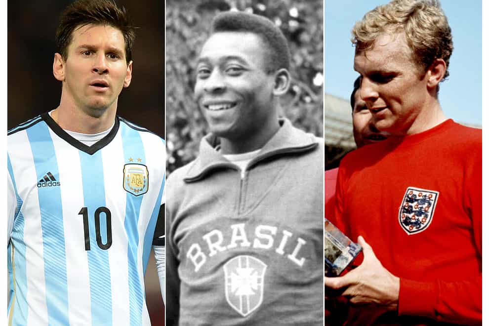 Would Lionel Messi (left), Pele (centre) and Bobby Moore make your all-time World Cup XI? (Martin Rickett/PA)