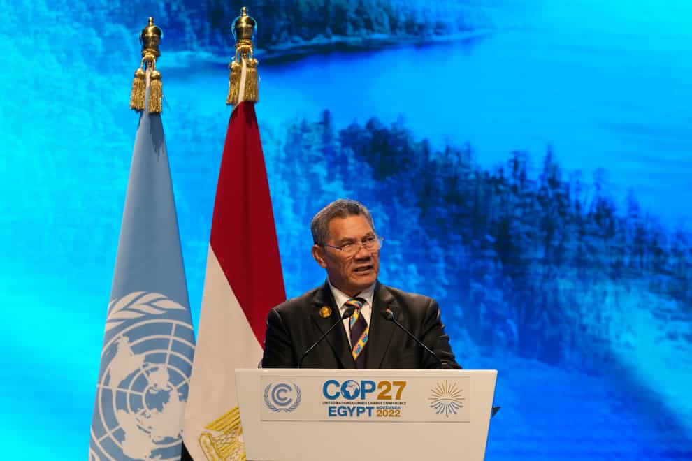 Kausea Natano, prime minister of Tuvalu, speaks at the Cop27 summit (Peter Dejong/AP)