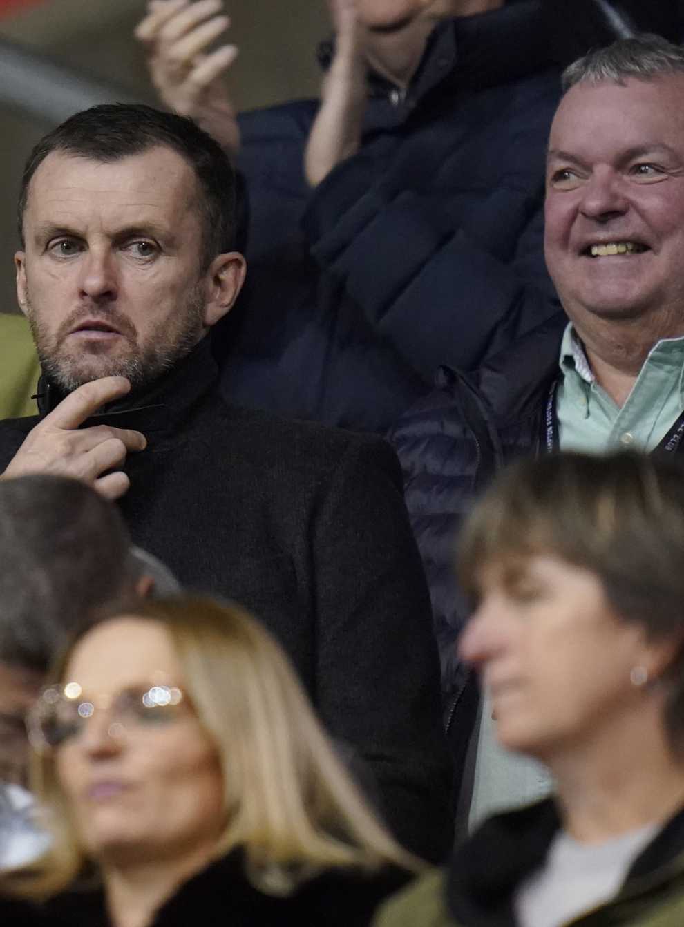 Prospective Southampton manager Nathan Jones, centre, was in the stands at St Mary’s to watch the Carabao Cup clash with Sheffield Wednesday (Andrew Matthews/PA)