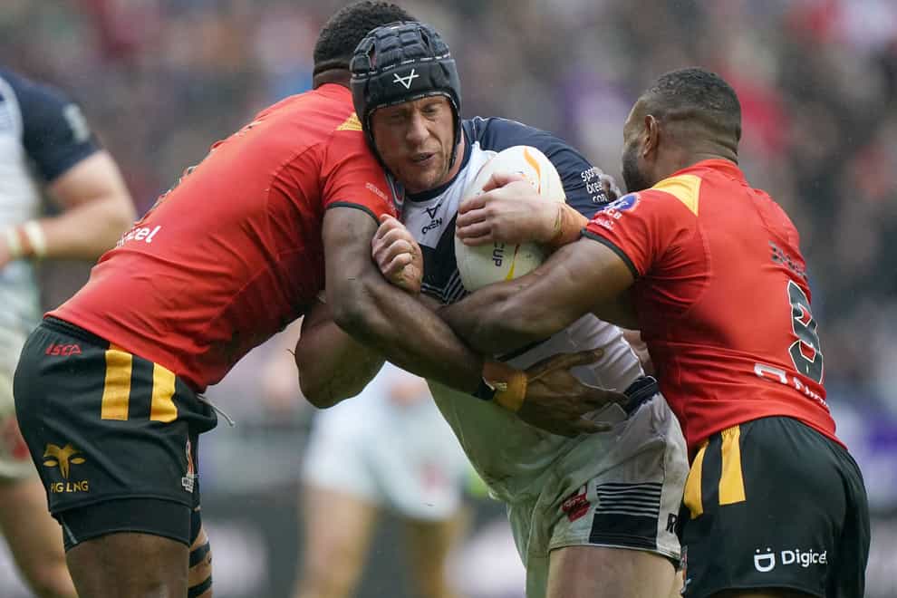 Chris Hill (centre, in action against Papua New Guinea) has made more World Cup appearances than any other England player (PA Images/Tim Goode)