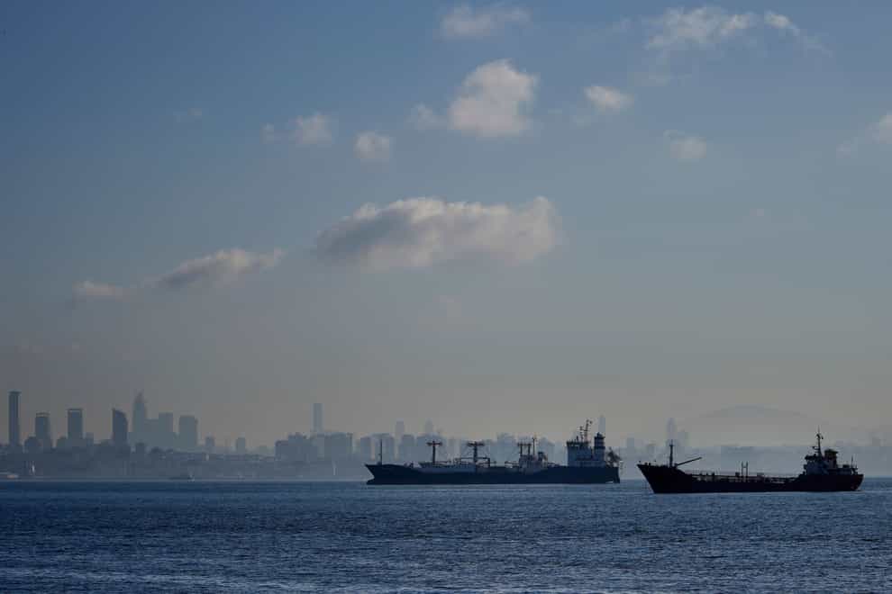 Cargo ships anchored in the Marmara Sea wait to cross the Bosphorus Straits in Istanbul, Turkey (Khalil Hamra/AP)